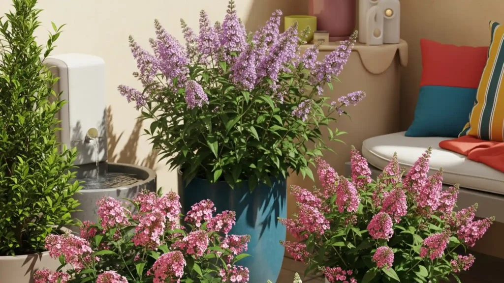 Want to Have a Lot of Butterflies in Your Garden? This shrub draws them in like a magnet and blooms till fall. 1 An artistic rendering showcasing compact dwarf butterfly bush varieties, specifically 'Pugster' and 'Lo & Behold' series, thriving in various attractive containers on a sun-drenched patio. The image emphasizes their suitability for small spaces and container gardening, demonstrating how these smaller cultivars produce full-sized, vibrant flower panicles. The scene includes diverse container types, such as terracotta and glazed ceramic, and subtle patio elements, suggesting a modern and efficient way to enjoy Buddleja davidii even in limited areas.