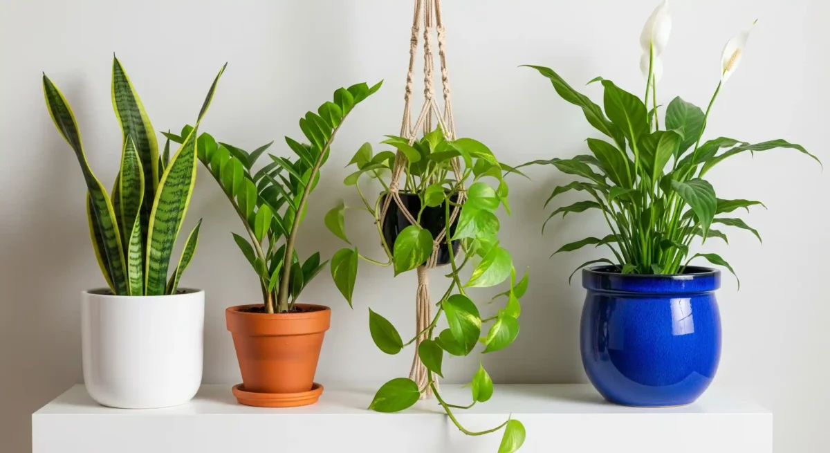 A beautiful arrangement of diverse 'bulletproof' houseplants, including Snake Plant, ZZ Plant, Pothos, and Peace Lily, showcasing an easy-care plants to keep alive.