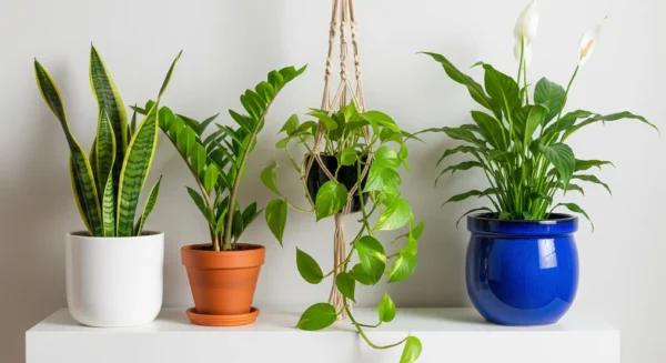 A beautiful arrangement of diverse 'bulletproof' houseplants, including Snake Plant, ZZ Plant, Pothos, and Peace Lily, showcasing an easy-care plants to keep alive.