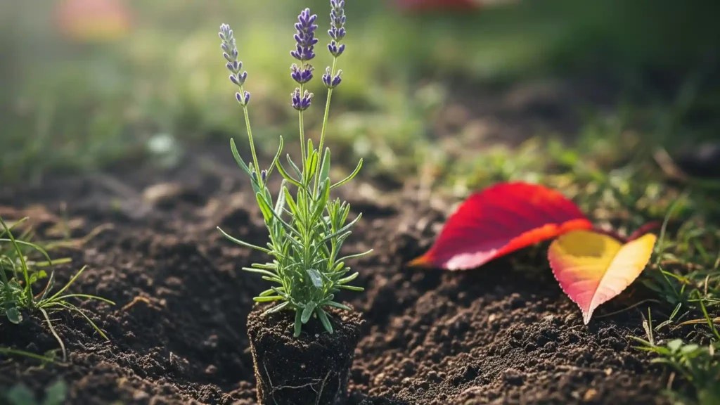 Don't Plant Your Lavender Yet: Read This First 1 A peaceful garden scene featuring a recently planted lavender in the fall. The plant sits in rich soil under soft, autumnal light, with a scattering of colorful leaves in the background, suggesting cool, stress-free conditions. This image showcases the strategic advantage of fall planting in milder climates, allowing lavender roots to establish firmly during the gentle winter months.