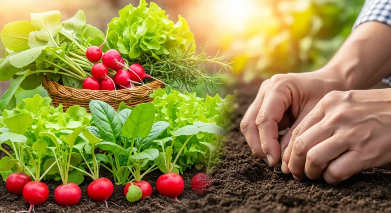 Hands planting seeds alongside lush young vegetables and a basket of fresh, quick-harvested produce, symbolizing rapid garden growth.