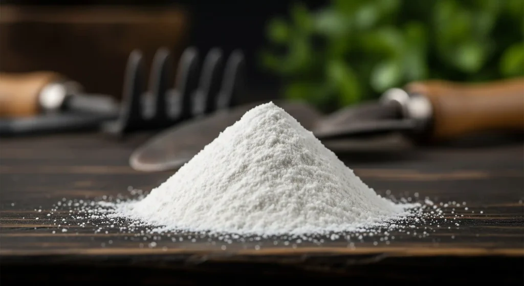 A close-up view of fine, white food-grade diatomaceous earth powder, an organic garden pest control solution.