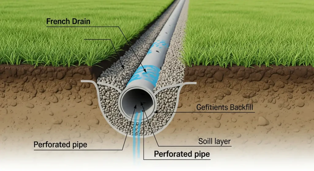 An illustration showing a French drain system, effectively directing water away from a lawn in a wet area.