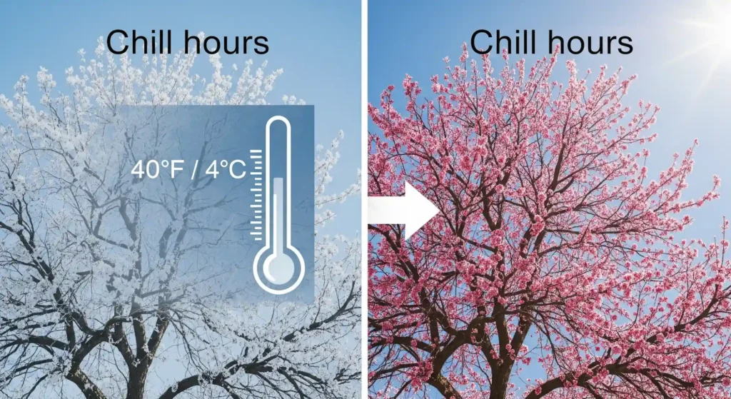 An illustration explaining fruit tree chill hours, showing a tree in winter dormancy and then blooming successfully in spring.