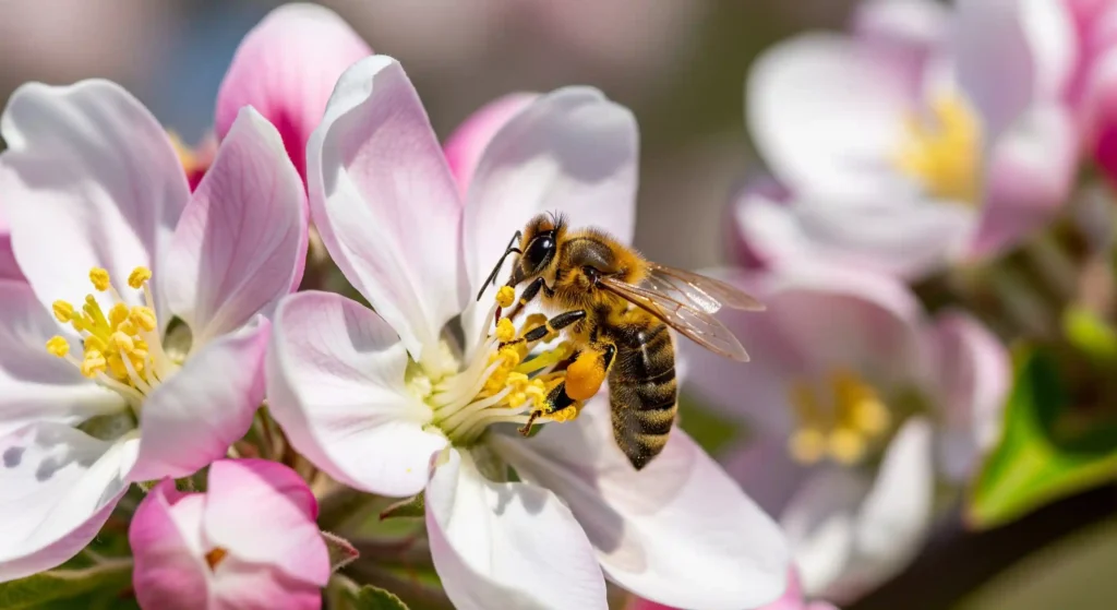A honeybee pollinating a delicate apple blossom, a crucial step for fruit production in a home backyard orchard.