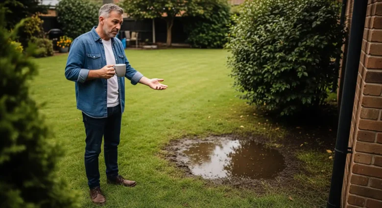 A frustrated homeowner surveys a soggy, muddy patch of their lawn, highlighting the challenge of growing grass in wet areas.