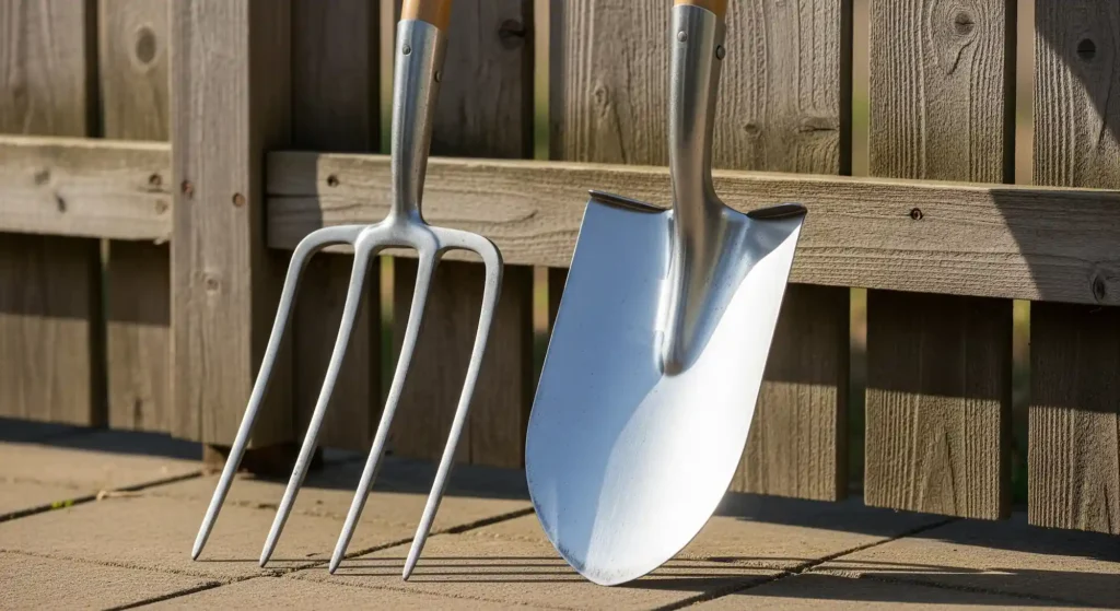 A bright, eye-level, medium shot captures a shiny metal shovel and a four-pronged metal pitchfork leaning against a weathered wooden fence atop a paved surface. The shovel, positioned on the right, has a wide, reflective, heart-shaped blade that catches the sunlight, showing variations in brightness. Its handle is a light-colored wood, topped with a darker brown wooden grip. The pitchfork, on the left, has four slender, pointed tines and a similar light wooden handle with a darker grip. Both tools cast soft shadows on the light brown, textured paving stones beneath them. The fence behind is constructed of horizontal wooden slats, showing signs of age and weathering with varying tones of gray and brown. Gaps between the slats allow glimpses of blurred green foliage in the background. The lighting suggests an outdoor setting with natural sunlight illuminating the scene.