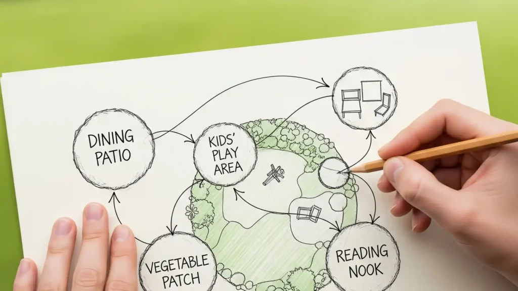 A close-up shot of a hand sketching a bubble diagram on paper, illustrating the initial conceptual phase of garden design and layout. The diagram features interconnected circles, each clearly labeled for different functional areas like "Dining Patio," "Kids' Play Area," "Vegetable Patch," and "Reading Nook," demonstrating the process of organizing garden spaces logically based on a homeowner's lifestyle and wish list.
