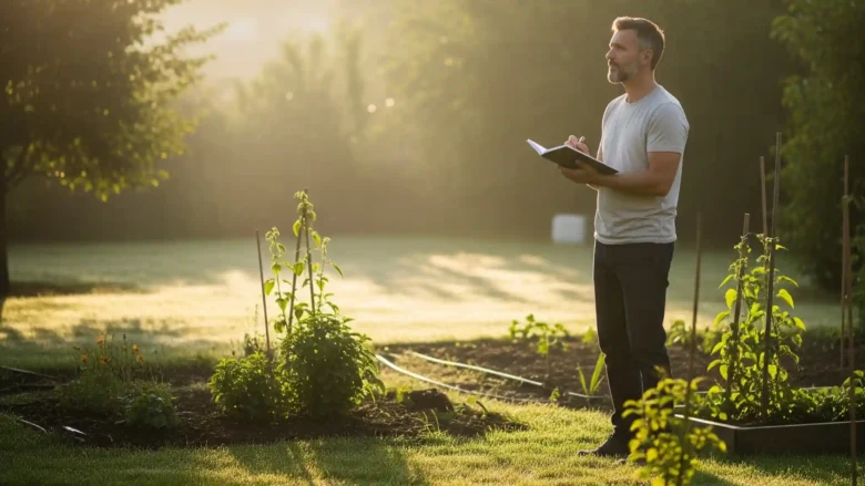 A serene morning view of a backyard undergoing initial garden planning, featuring a lone individual diligently mapping the sun's path with a notebook and pen. The soft, golden light of dawn emphasizes varied light zones across the lawn and nascent garden beds, illustrating the critical first step of observing full sun, partial sun, and shade areas. This detailed observation is key for successful garden layout and plant selection.