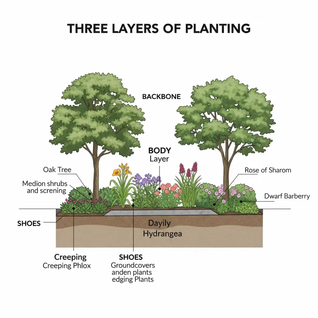 An educational graphic demonstrating the "three layers of planting" concept essential for well-structured garden beds and beautiful garden design. The illustration features a cross-section view, clearly labeling the "Backbone" (tall trees and shrubs for structure and screening at the back), the "Body" (medium-sized perennials and shrubs for color and interest in the middle), and the "Shoes" (short groundcovers and edging plants at the front) to create a lush, full appearance.