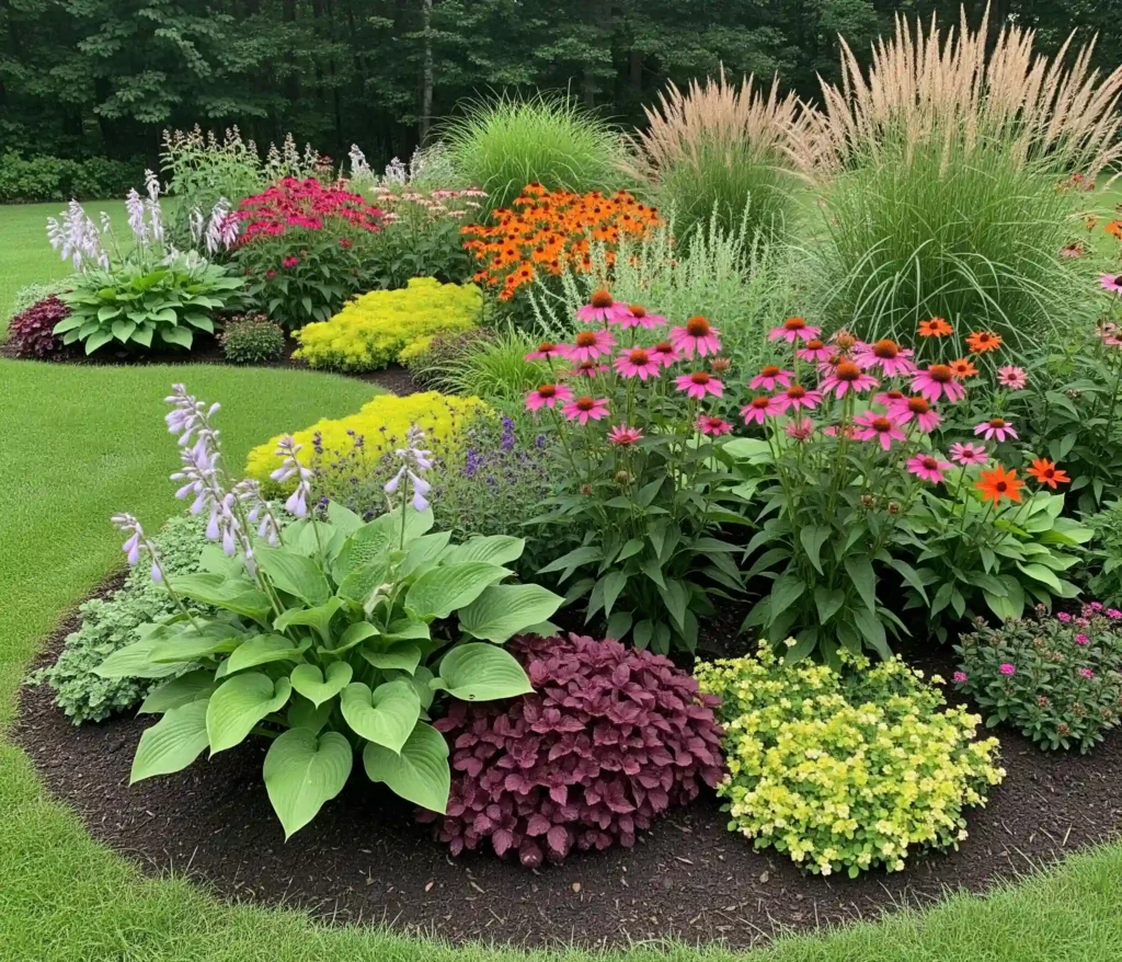 A lush and aesthetically pleasing garden bed showcasing the design principle of planting in odd-numbered groupings (e.g., threes, fives, sevens). Various perennials and ornamental grasses are arranged in organic clusters, creating a naturalistic and visually harmonious appearance, which is a key technique in professional garden planning for beginners.