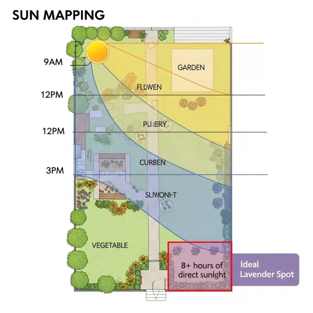 Sunlight Secrets: How Much Sun Does Lavender Really Need? 3 An illustrative diagram for garden sun mapping, showcasing a simplified backyard layout. Overlays represent the sun's trajectory throughout a clear day (9 AM, 12 PM, 3 PM, 5 PM), indicating how shadows shift and revealing areas of direct sunlight versus shade. A highlighted section clearly marks a spot receiving 8+ hours of continuous, direct sun, designated as the "Ideal Lavender Spot" for successful lavender placement.