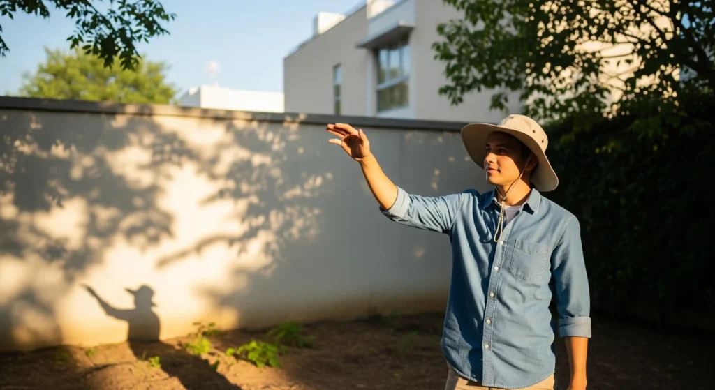 A young adult male with light skin, dark hair, and a slight smile is standing in a yard, looking towards his raised right hand. He is wearing a light blue, long-sleeved button-down shirt, the sleeves rolled up to his elbows, and a wide-brimmed light tan hat with a strap hanging down. Underneath the shirt, a glimpse of a white t-shirt collar is visible. His left hand is down by his side. The sun casts his shadow to his left on the ground, and also casts a shadow of his raised right hand onto a light-colored wall behind him. The wall is taller than he is and stretches across the background. Behind the wall, the upper portion of a light-colored, modern-looking building is visible, showing a flat roof and a few windows. Green leafy trees are visible in the foreground on the left and right sides, slightly out of focus. The ground in the yard appears to be a mix of dirt and sparse green plants, with sunlight dappling the surface. The overall lighting suggests it is daytime with bright sunlight.