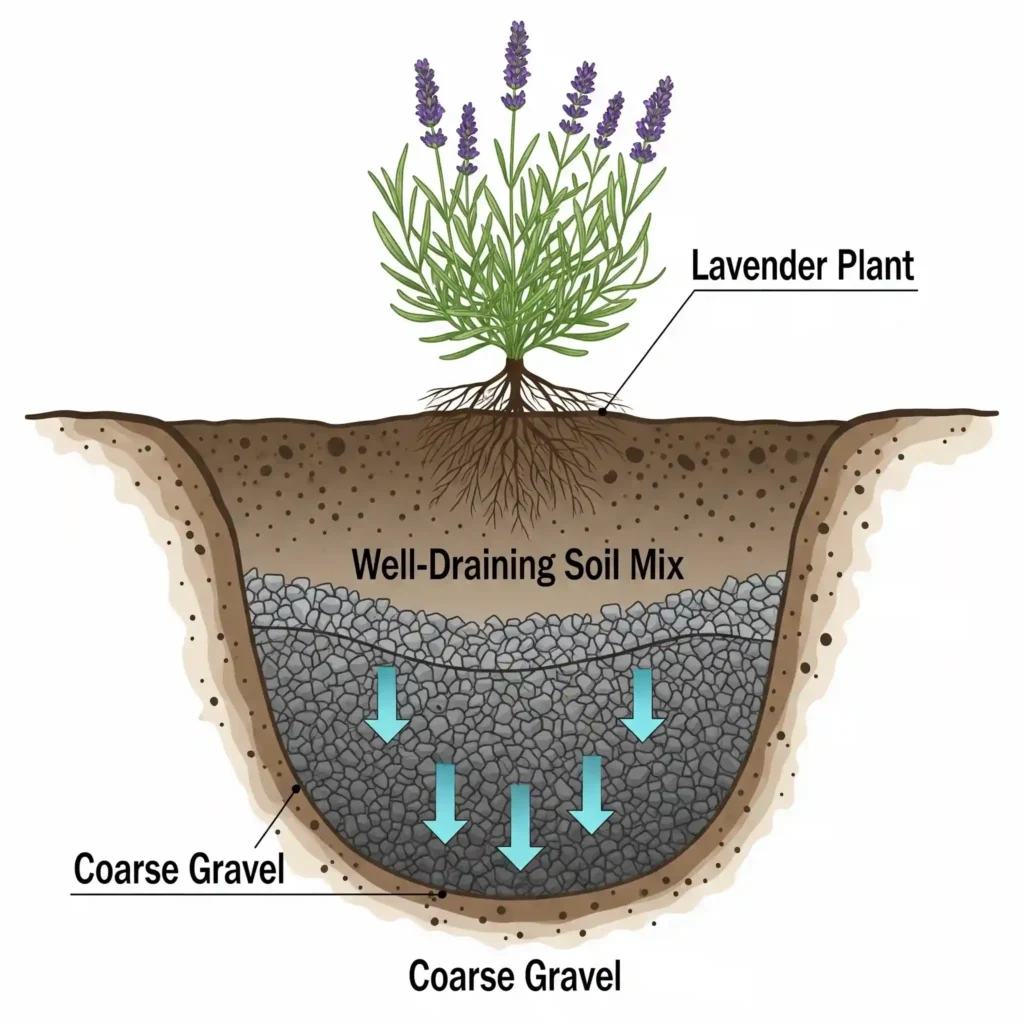 Why Your Lavender is Dying? The Climate Zone Secret to Success 3 A clear cross-section graphic illustrating the "Gravel Sump" planting technique, specifically designed for lavender in humid or wet climates. The diagram shows a planting hole deeper than the root ball, with a distinct layer of coarse gravel at the very bottom, followed by a well-draining soil mix, and finally the lavender plant positioned above. Arrows indicate how excess water drains through the gravel, protecting the roots from saturation and emphasizing enhanced drainage solutions.