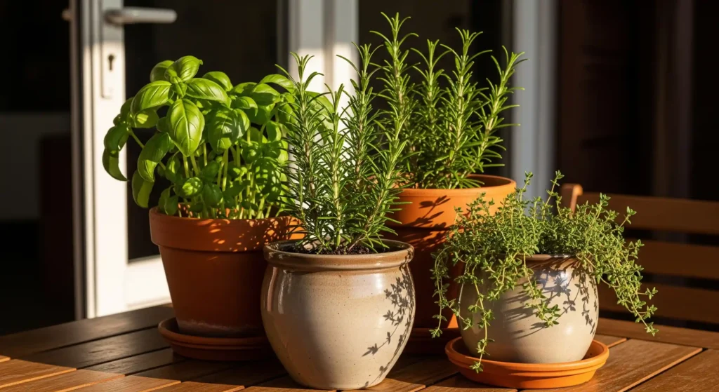 Top 20 Plants for Container Gardens: Thriving Vegetables, Herbs, and Flowers for Pots 2 A kitchen-side container garden showing a variety of fresh herbs for pots like basil, rosemary, and thyme ready for cooking.