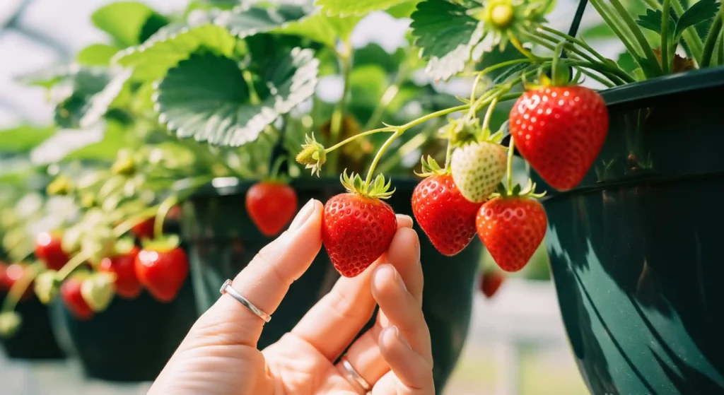 A hand picking a ripe strawberry from a hanging basket, showcasing an easy-to-grow fruit perfect for a beginner's home garden.