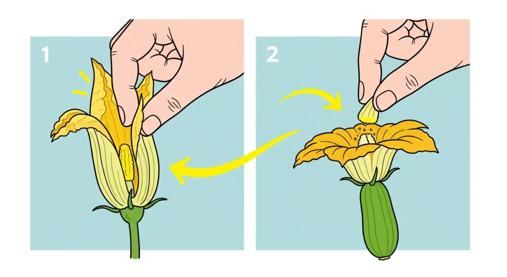 Insufficient Pollination? Get More Zucchini Fruits Using These Pro-Proven Techniques 2 A step-by-step guide illustrating how to hand-pollinate zucchini flowers for better fruit development.