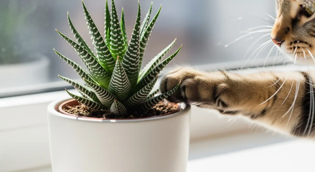 Your Ultimate Guide to the Best Pet-Friendly (Non-Toxic) Houseplants: Pawsitively Green & Perfectly Safe! 2 A close-up shot shows a small potted succulent plant with dark green, pointed leaves adorned with horizontal white stripes. The plant is centered and sits in a white, cylindrical pot filled with dark brown soil. The pot rests on a white, flat surface that appears to be a windowsill. To the right of the plant, a tan and brown tabby cat's paw extends toward the succulent, its light-colored paw pads visible. Only the paw and a portion of the cat's lower face, showing its white whiskers, are in focus. The background is softly blurred, revealing a window with bright, diffused natural light coming through. The light creates a slight glare on the white windowsill. The overall lighting is bright and highlights the textures of the plant and the cat's fur.