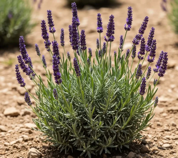 A close-up of a vibrantly blooming lavender plant with numerous upright, purple flower spikes and silvery-green foliage, growing robustly in lean, rocky soil under bright sunlight. This image perfectly illustrates that most lavender care requires little to no fertilizer, as the plant naturally thrives and produces abundant, fragrant blooms when not overfed.