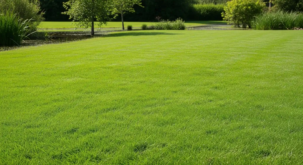 A lush, green lawn thriving in a previously wet area, showcasing the success of proper grass selection and care.