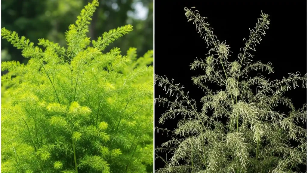 A side-by-side comparison illustrating the impact of asparagus beetles: a lush, healthy asparagus plant with full green ferns versus a severely defoliated plant with sparse, skeletonized leaves, showing significant damage from beetle feeding.