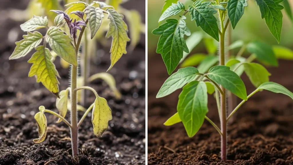This side-by-side comparison visually demonstrates the impact of proper tomato planting timing. On the left, stressed tomato seedlings appear stunted and discolored, indicative of being planted too early in cold conditions. On the right, healthy, vibrant green tomato plants with robust stems thrive, showcasing the benefits of waiting for optimal soil temperatures and conditions for tomato success.

