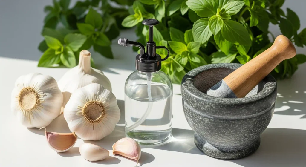 A high-angle, indoor, full shot shows several culinary ingredients and tools arranged on a white surface with a backdrop of green herbs. On the left are two whole heads of garlic and four individual garlic cloves. The garlic has a white papery outer layer, and the cloves show their pale yellow interior. To the right of the garlic is a clear glass spray bottle filled with a colorless liquid, likely water or oil. The bottle has a black pump top with a nozzle pointing to the left and a clear straw extending into the liquid. Further to the right is a dark gray granite mortar with a light brown wooden pestle resting inside at an angle. The mortar has a rough, textured surface. The backdrop is blurred but shows green leafy herbs, possibly mint or basil, suggesting a fresh culinary theme. The lighting is bright and appears to be natural sunlight, casting soft shadows to the right and below the objects, highlighting their textures and shapes on the white surface.