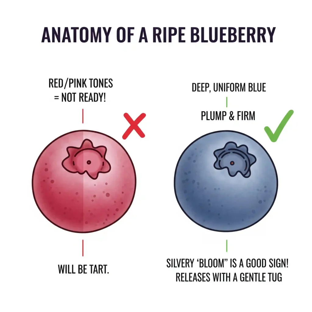 An infographic titled "Anatomy of a Ripe Blueberry" that shows the difference between an unripe and a ripe blueberry. On the left is a reddish-pink blueberry with a red "X" next to it; callouts read "RED/PINK TONES = NOT READY!" and "WILL BE TART." On the right is a plump, deep blue blueberry with a green checkmark next to it; callouts read "DEEP, UNIFORM BLUE," "PLUMP & FIRM," "SILVERY 'BLOOM' IS A GOOD SIGN!," and "RELEASES WITH A GENTLE TUG."
