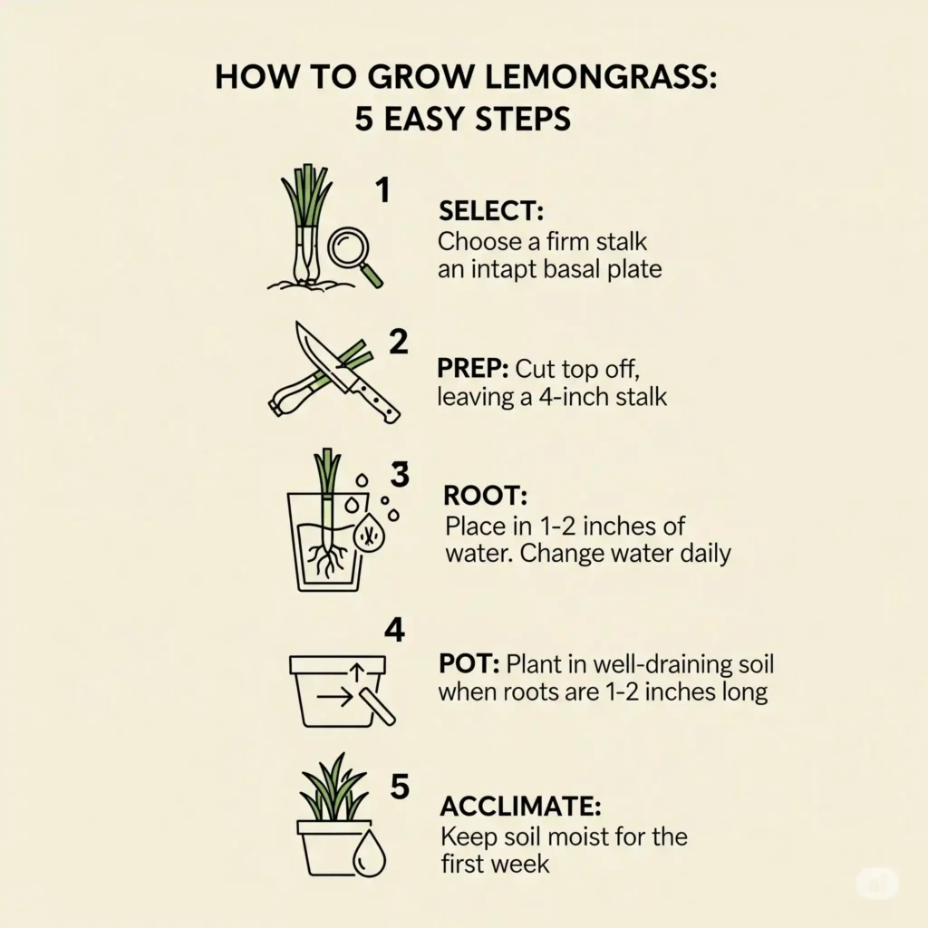 How to Grow Lemongrass: A Guide Supported by Science 1 An infographic titled "How to Grow Lemongrass: 5 Easy Steps." Step 1 shows selecting a stalk with an intact basal plate. Step 2 shows prepping the stalk by cutting it. Step 3 shows rooting the stalk in water and changing it daily. Step 4 shows planting the rooted stalk in soil. Step 5 shows acclimating the plant by keeping the soil moist. This visual guide details the entire vegetative propagation process.