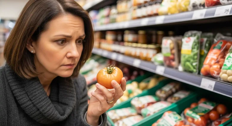 A person looking disappointed at a pale grocery store tomato, reflecting the desire for fresh, home-grown vegetables, thinking about how to grow vegetables at home in pots, because she has no garden.