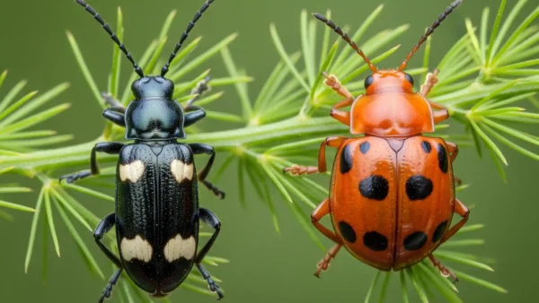 Detailed side-by-side comparison of Common Asparagus Beetle (slender, black with six cream spots) and Spotted Asparagus Beetle (rounded, orange with twelve black dots) on an asparagus fern stem. Essential visual guide for accurate pest identification in vegetable gardens.