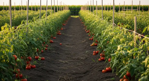 A well-spaced tomato garden showing healthy, fruit-laden plants with ample room between them.