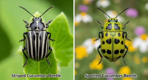 Side-by-side comparison showing how to identify striped versus spotted cucumber beetles.