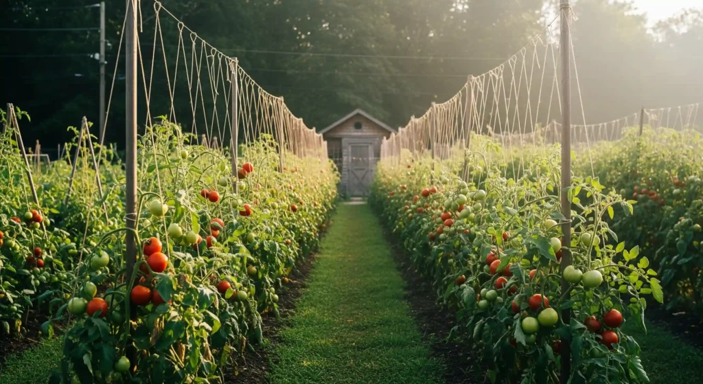 A picturesque garden scene showcasing ideal indeterminate tomato spacing. A neat row of tall, vining tomato plants is supported by wooden stakes, with each plant spaced approximately 36 inches apart. This generous spacing allows sunlight to reach all parts of the plants, which are covered in healthy green leaves and heavy clusters of ripening heirloom tomatoes. The clean, mulched ground between the plants is clearly visible, emphasizing the excellent airflow and accessibility in this well-planned garden.