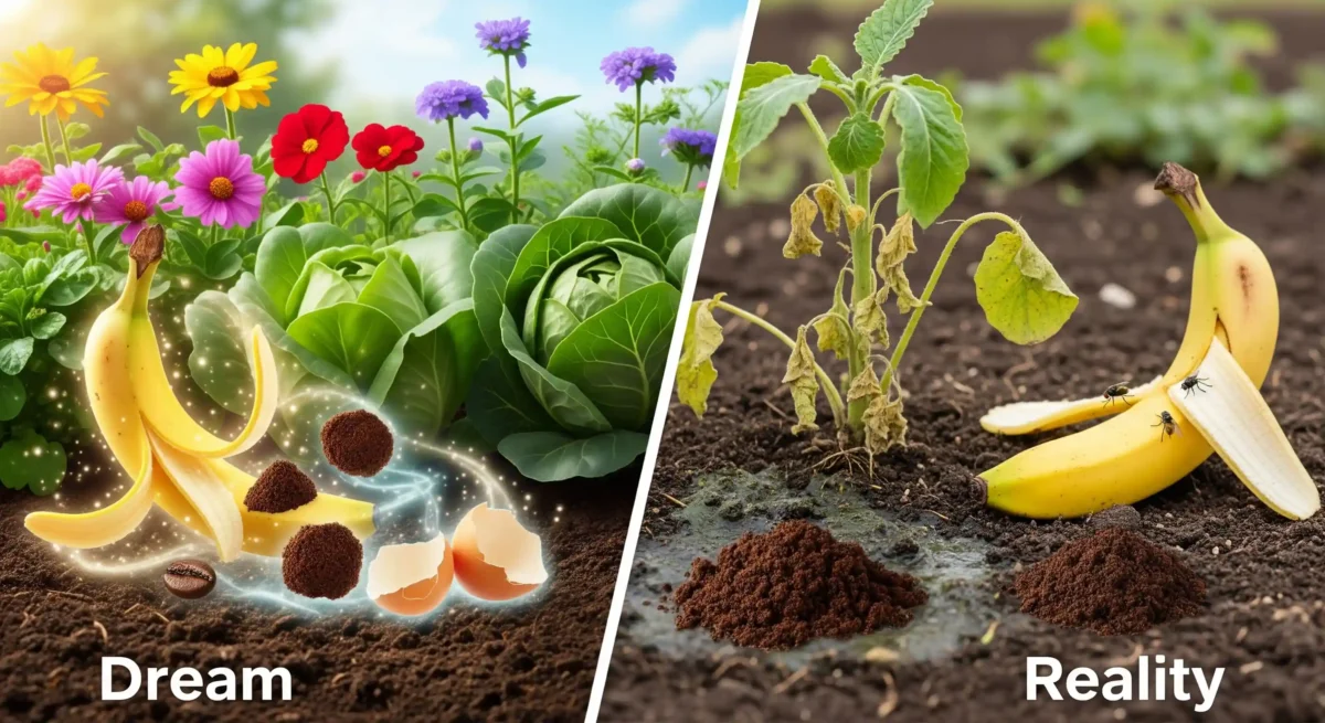 Split image showing idealized plants nourished by raw kitchen scraps versus the less effective reality of uncomposted materials.