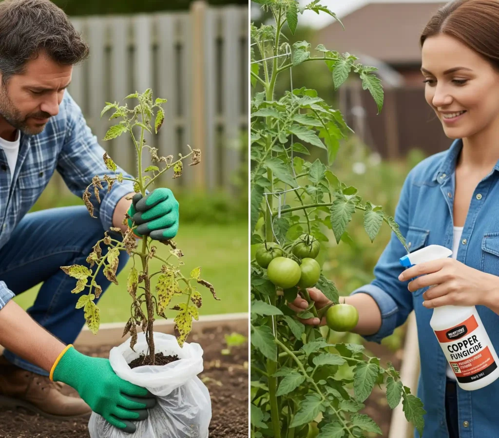  A two-part image illustrating critical actions against late blight. On the left, a gloved gardener decisively removes a diseased tomato plant, emphasizing swift action to prevent spread. On the right, a healthy tomato plant is being preventatively treated with a copper fungicide via a sprayer, demonstrating proactive fungicide application for tomato disease control.