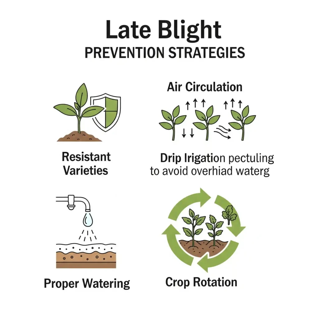 An infographic detailing essential late blight prevention strategies for tomato plants. It visually represents planting resistant varieties, ensuring adequate air circulation between plants, practicing proper watering by targeting the soil (e.g., drip irrigation), and implementing crop rotation to break disease cycles, all vital steps for tomato disease management.