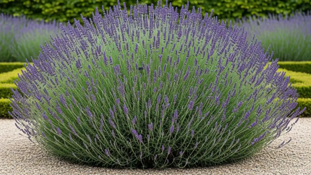 The Gardener's Essential Handbook for Lavender Spacing 2 A majestic Lavandin hybrid ('Grosso' or 'Provence') lavender plant in full bloom, showcasing its impressive mature size and wide spread in a garden. The plant forms a substantial, fragrant mound of vibrant purple flowers and silvery-green foliage, with ample space around it (approximately 3-4 feet) to highlight its natural form. This image demonstrates the generous spacing requirements for large lavender varieties to reach their full potential.