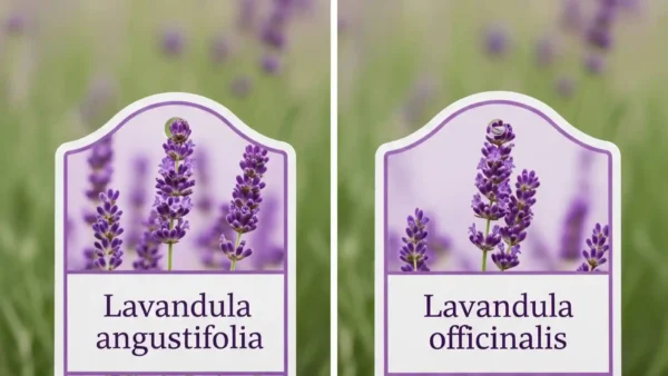 A side-by-side image of two plant tags, one labeled "Lavandula angustifolia" and the other "Lavandula officinalis," illustrating that these are two botanical names for the same plant species, commonly known as True Lavender or English Lavender, highlighting their interchangeable use in gardening.