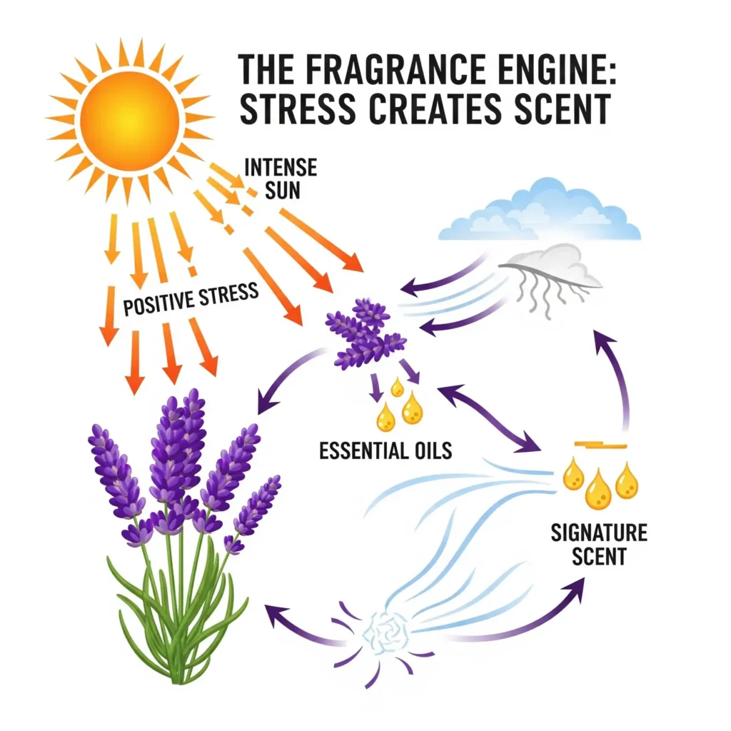 Sunlight Secrets: How Much Sun Does Lavender Really Need? 4 An informative graphic titled "The Fragrance Engine: Stress Creates Scent," visually explaining the link between sunlight and lavender's iconic aroma. The image depicts the sun shining intensely on a lavender plant. Text labels and directional arrows illustrate a process: "Intense Sun" leads to "Positive Stress" within the plant, which in turn stimulates the production of "Essential Oils," ultimately resulting in the "Signature Scent" released into the air. This graphic underscores that more sun equals more fragrance in lavender.