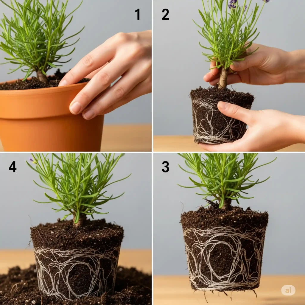 Repotting Lavender: The Hidden Signs Your Plant Needs More Space 5 A multi-panel visual guide demonstrating the gentle extraction method for repotting lavender. Panel one shows a hand tapping the side of a pot. Panel two illustrates carefully pulling the plant out while supporting its base. Panel three reveals the exposed root ball, emphasizing the need to preserve its integrity during transplant to minimize transplant shock.