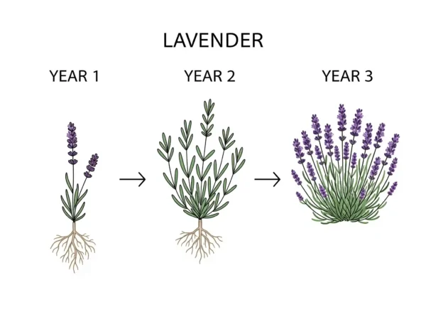 How Big Can Lavender Grow? The Complete Size Guide for Every Gardener 8 An informative graphic illustrating the typical growth rate of a lavender plant over three years. Year 1 depicts a small, young lavender with a significant root system indicated below the soil line. Year 2 shows a moderately larger, developing plant with a more noticeable bushy form. Year 3 presents a fully mature, robust lavender plant, reaching its full size with abundant flower spikes and a well-established mounded shape. This visual guide demonstrates the lavender growth rate and the progression from young plant to maturity.