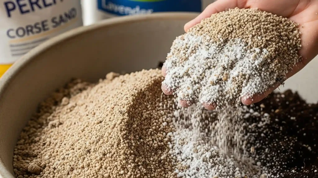 Repotting Lavender: The Hidden Signs Your Plant Needs More Space 4 A close-up image showcasing the ideal Mediterranean potting mix for lavender. A hand is seen mixing coarse sand, perlite, and a high-quality potting mix, highlighting the loose, gritty texture that ensures excellent drainage crucial for lavender's health. This specialized mix mimics the plant's native soil conditions, preventing common repotting mistakes.