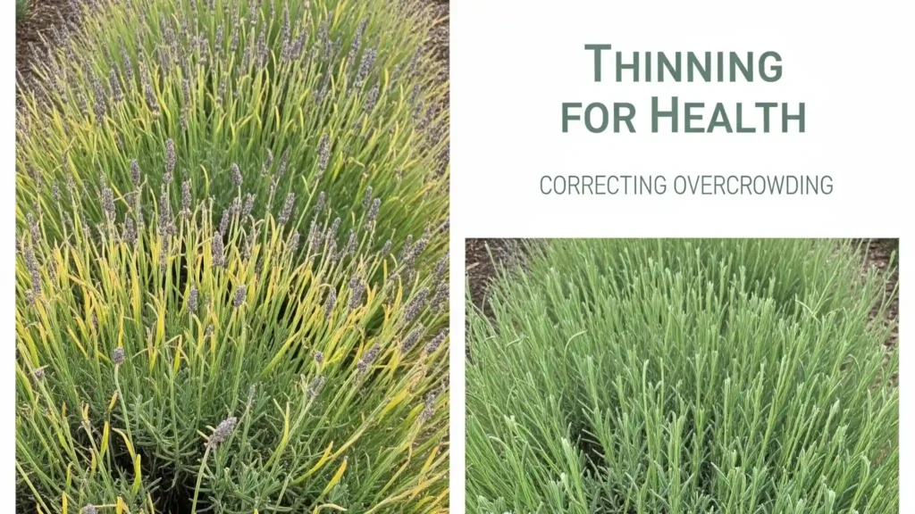 The Gardener's Essential Handbook for Lavender Spacing 4 A compelling "before and after" graphic demonstrating the remedy for overcrowded lavender. The "before" section shows a dense, unhealthy hedge with plants struggling for space, exhibiting yellowing lower leaves and poor airflow. The "after" section displays the same row after some plants have been carefully removed (thinned out), with the remaining lavender looking significantly healthier and having ample space for growth. This highlights the vital importance of correcting spacing errors for long-term lavender health.
