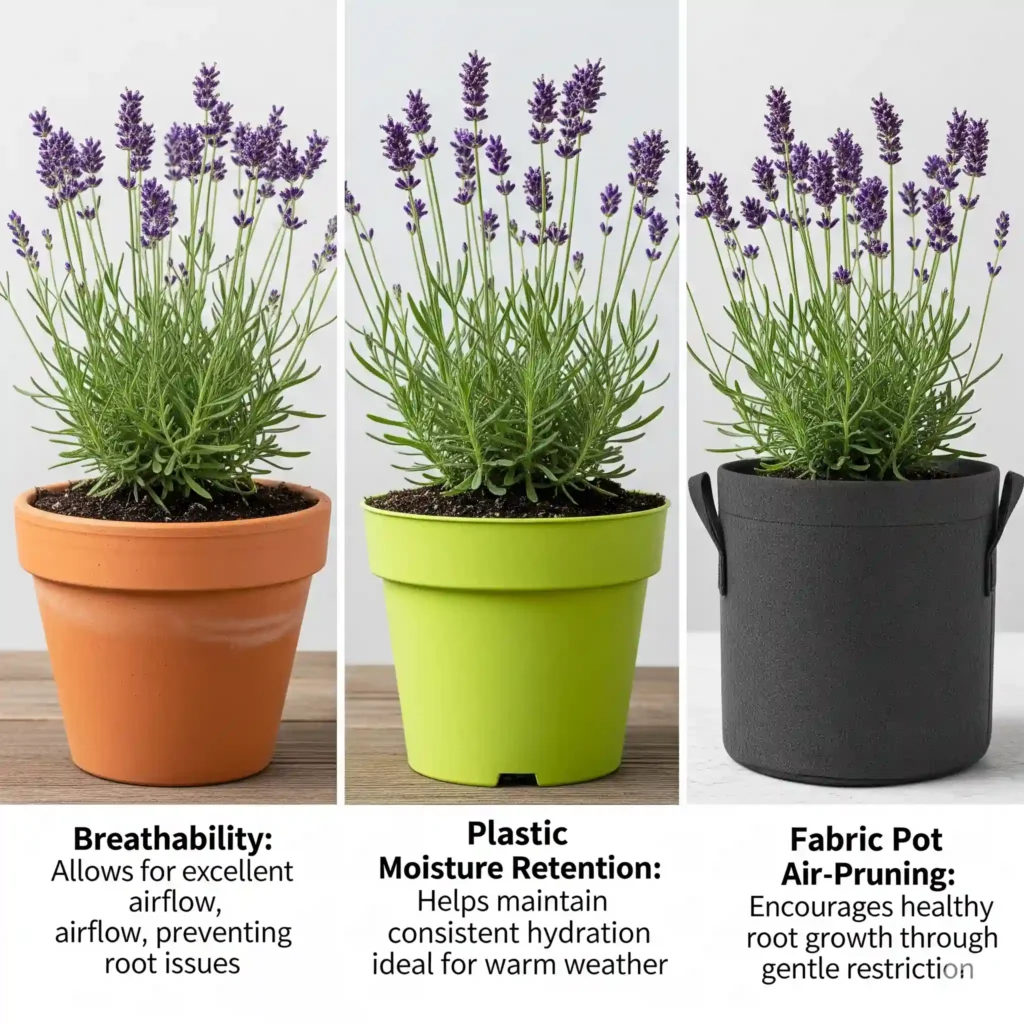 Repotting Lavender: The Hidden Signs Your Plant Needs More Space 3 Collage comparing terra cotta, plastic, and fabric pots for lavender growth. Highlights drainage, root health, and material suitability for Mediterranean herbs.