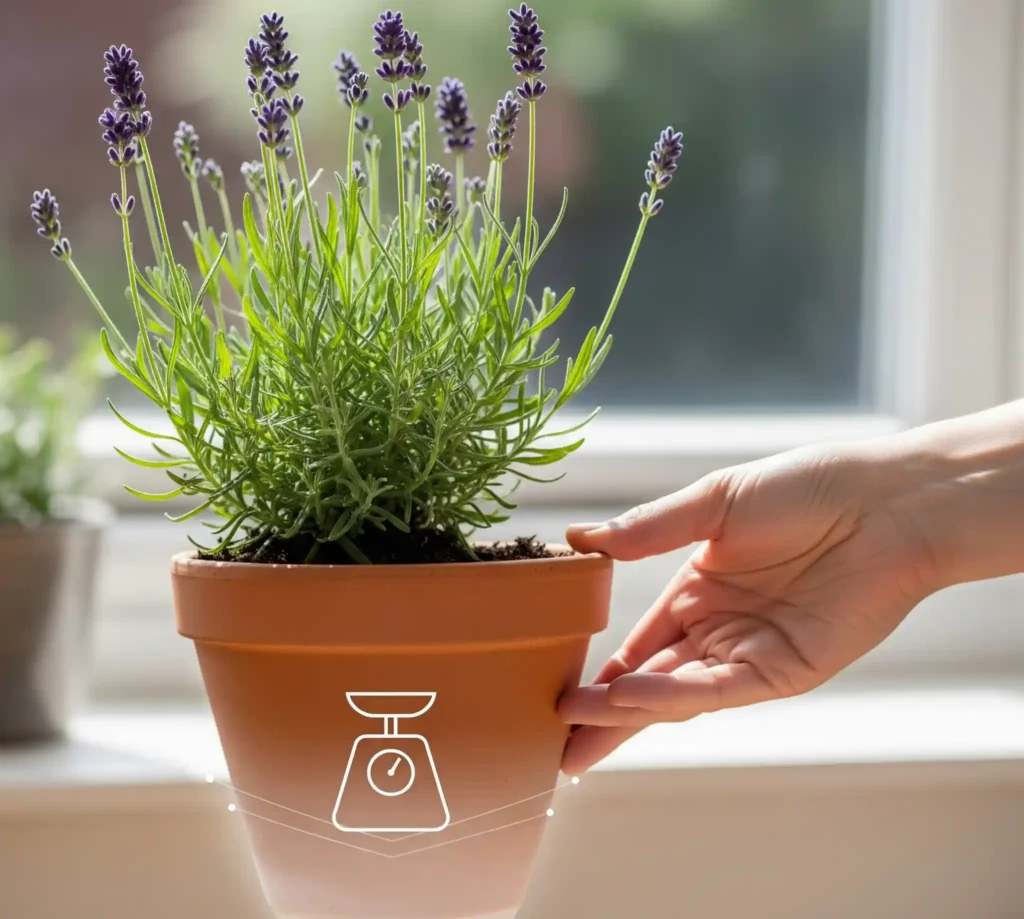 Thirsty or doing well? The Gardener's Complete Guide to Watering Lavender 2 A clear image demonstrating the pot weight method for determining when a container-grown lavender needs watering. A hand is shown lifting a terracotta pot containing a lavender plant, with the implied visual cue that the pot feels significantly lighter, indicating the soil has dried out. This practical technique helps gardeners accurately gauge soil moisture for potted lavender.