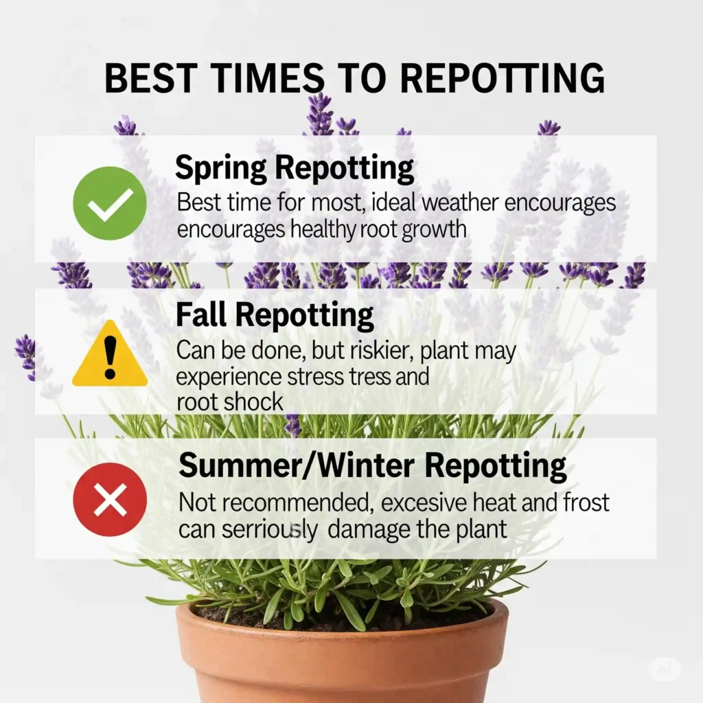 Repotting Lavender: The Hidden Signs Your Plant Needs More Space 2 A clear graphic outlining the best times to repot lavender across seasons. "Spring Repotting" is highlighted as ideal with a green checkmark, allowing maximum establishment time. "Fall Repotting" is shown with a cautionary amber symbol, noting it as risky but sometimes necessary in mild climates. "Summer/Winter Repotting" is marked with a red 'X', indicating these are danger zones due to extreme stress. This visual provides a quick guide to lavender transplant timing.