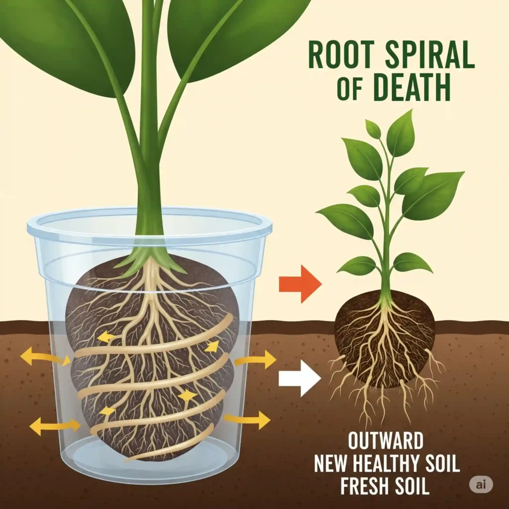 Repotting Lavender: The Hidden Signs Your Plant Needs More Space 1 An infographic illustrating the "Root Spiral of Death" in lavender. One side shows a tightly root-bound lavender plant with its woody roots visibly circling the confines of its pot, indicating severe root restriction. The other side contrasts this with a healthy root ball where roots are growing outwards. This visual highlights a critical sign your lavender needs repotting due to inhibited root growth.
