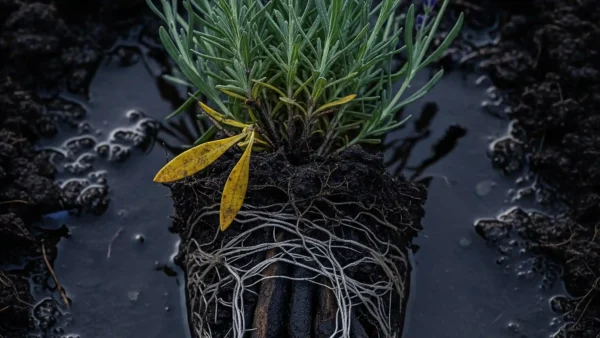 Why Your Lavender is Dying? The Climate Zone Secret to Success 11 A stark close-up revealing the detrimental effects of "winter wet" on lavender. The image focuses on a lavender plant's roots, which appear dark, mushy, and surrounded by saturated, heavy, dark soil, indicative of root rot caused by cold, persistent moisture. A few yellowed or drooping lower leaves suggest plant distress, underscoring that winter wetness is the number one climate killer for lavender without proper drainage.