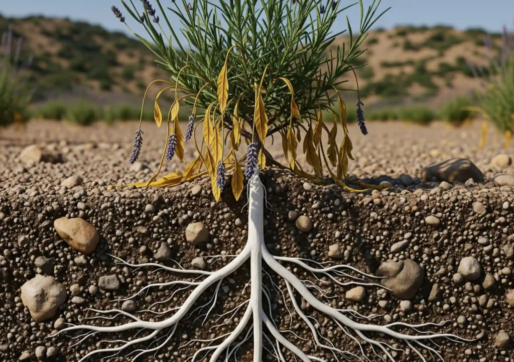 Thirsty or doing well? The Gardener's Complete Guide to Watering Lavender 1 Detailed close-up of lavender roots thriving in dry, rocky Mediterranean soil, showcasing deep taproots penetrating cracked earth with gravel. Healthy white roots contrast with above-ground wilting yellow leaves and drooping stems under harsh sunlight, illustrating lavender's drought adaptation.